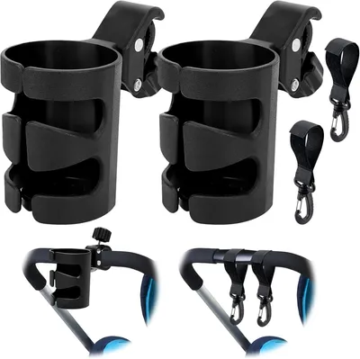 Imagen del producto de Conjunto de 2 portavasos universales, giratorios 360°, ajustables, de plástico, para cochecitos, bicicletas, sillas de ruedas