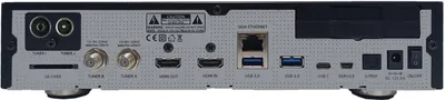 The back panel of a GigaBlue UHD Quad 4K Pro receiver, showing various ports and connectors.