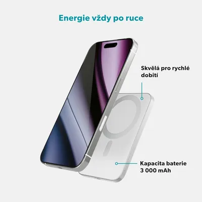 A smartphone is shown attached to a transparent power bank.