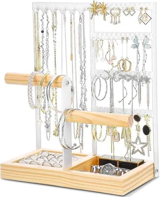 Produktbild von Famanu Schmuckständer mit Metall und Holzbasis - Halter für Armbänder, Ketten, Ohrringe, Ringe und Uhren