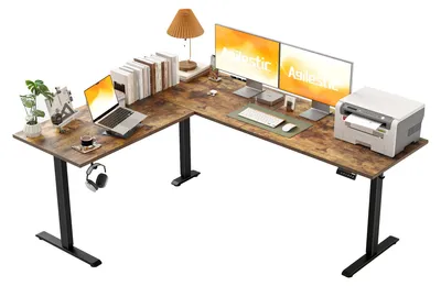 Zdjęcie produktu dla Biurko w kształcie litery L, elektrycznie regulowane, wymiary 190 x 155 cm, kolor brązowy