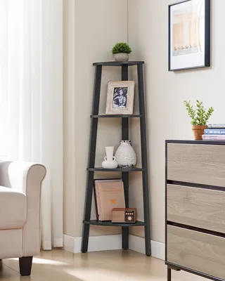 A corner shelf unit with decorative items in a room setting.