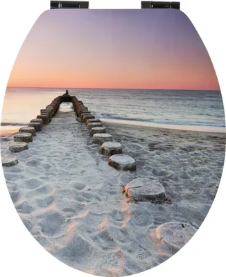 A toilet seat with a printed image of a beach at sunset.
