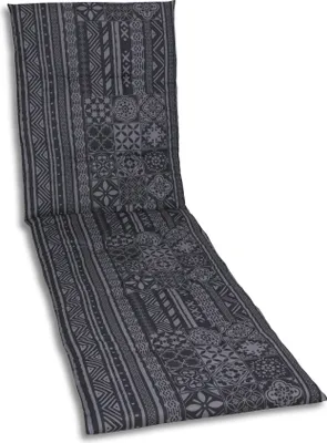 A chaise lounge cushion with a patterned fabric is shown lying flat on a white background.