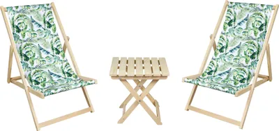 Two deck chairs and a small folding table are arranged on a white background.