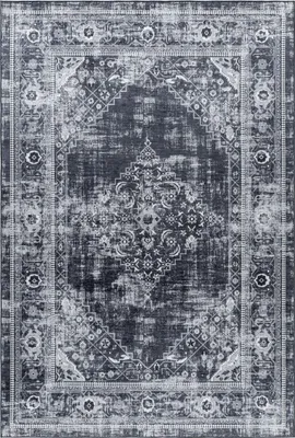 Image de Teppium Tapis vintage noir 120x170 cm à poils courts lavables, toucher doux et pratique, envers antidérapant fiable, idéal pour pièces de vie