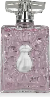 A perfume bottle with pink liquid.