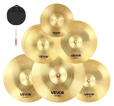 Immagine prodotto di VEVOR Set di piatti da 6 pezzi, piatti in lega, batteria comprendente HiHat da 355 mm, Crash da 400&455 mm, Ride da 505 mm, Splash da 254 mm, China da 400 mm, bacchette e borsa per piatti