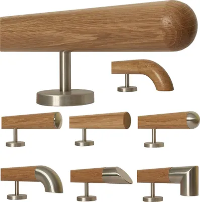 Produktbild von TIBU Eiche Holz Handlauf Geländer 0,3m - 5m, Länge 390 cm, Ende Halbkugel gefräst und 5 gerade Halter