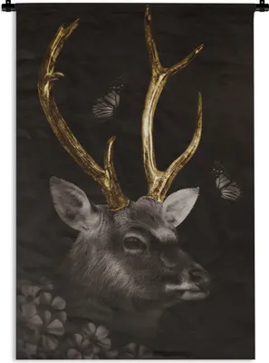 Produktbild von MuchoWow® Wandteppich Wandbehang Hirsch - Schmetterling - Gold - Schwarz 120x180 cm Tapisserie Dekoration Wandtuch - Schlafzimmer - Dekorationen für das Haus