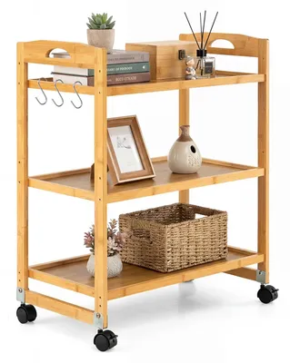 Produktbild von COSTWAY Servierwagen mit 3 Ebenen, Küchenwagen aus Bambus mit Universalrollen, Griff & Haken, mobile Rollwagen für Küche, Natur, 60 x 33 x 72 cm