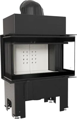 A black steel fireplace insert with a glass front and a chimney flue.