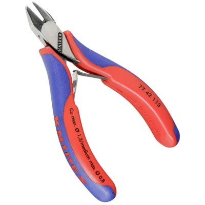 Produktbild von Knipex 774-2115 Elektr.-Seitenschneider 115 mm, Kopf spitz, rot/blau/silber