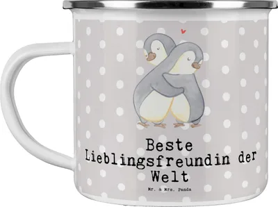 Produktbild von Mr. & Mrs. Panda becher emaille Pinguin Beste Lieblingsfreundin der Welt - Grau Pastell - Geschenk, Pott, Geschenkidee, Teebecher, Bae, Partner, Teetasse, Tasse, Herz