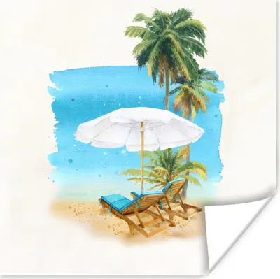 Produktbild von MuchoWow® Poster Strandkorb - Sonnenschirm - Palme 50x50 cm - Wohnzimmerdekoration
