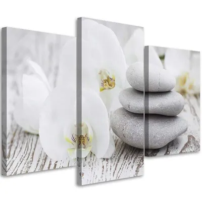 Produktbild von Triptychon auf leinwand weiße orchidee und steine 120x80 cm Feeby grau wandbild bereit zum aufhängen
