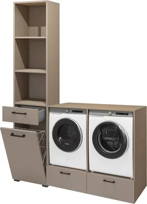 Image de Ensemble de meuble de rangement pour machine à laver et sèche-linge collection WASHING – Taupe et chêne