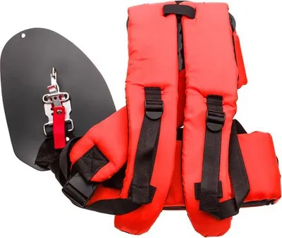 A red and black harness with a gray shield attachment.