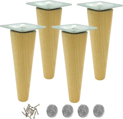 Four wooden furniture legs with metal tops and accompanying screws and felt pads, arranged on a white background.