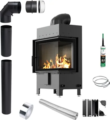 Produktbild von KRATKI LUCY Rechts Kamineinsatz 12 kW fi200 Schwarz Eckrohrset