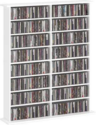 Produktbild von CD- und DVD-Aufbewahrungsschrank mit 16 F?chern und 12 verstellbaren Einlegeb?den, maximale Kapazit?t 720 CDs/396 DVDs und Blu-rays, wei?