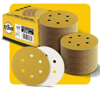 Immagine prodotto di Dischi abrasivi da 150 mm, con 6 fori, grana 100, con sistema di fissaggio a velcro, confezione da 100 pezzi, per levigatrici eccentriche, adatti per legno e metallo
