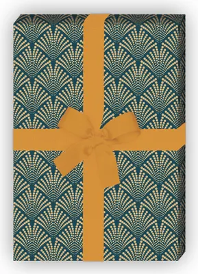 Produktbild von Petrol blaues Geschenkpapier mit Art Deko Palmen Rauten - G12334, 32 x 48cm