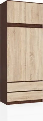 Produktbild von Kleiderschrank AKORD S90 mit Aufsatz Wenge 90 cm 2 Türen 2 Schubladen 6 Ebenen Front Sonoma-Eiche B90 x H234 x T51 cm