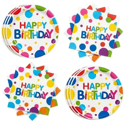 40-tlg. Happy-Birthday-Deko-Set bunt: 20 Teller + 20 Servietten