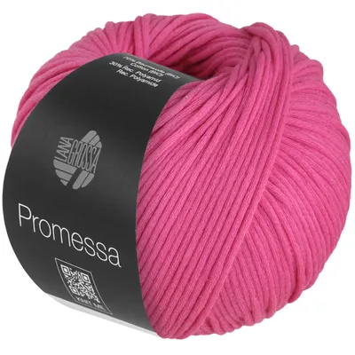 A ball of pink yarn with a black label.