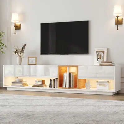 Obrázek produktu pro TV stolek Okwish s LED osvětlením a ovládáním přes aplikaci, lesklý televizní stolek s otevřenými policemi, bílý, vhodný do obývacího pokoje
