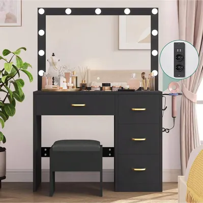 Produktbild von BALCONERA Schminktisch mit Spiegel und Beleuchtung Schwarz – Kosmetiktisch/Frisiertisch mit 4 Schubladen, Steckdose und Hocker | Make-up Tisch / Vanity Table