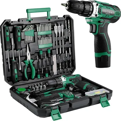 Produktbild von Werkzeugkoffer 138-teilig - Akku-Bohrschrauber 12 V - Ratsche - Stecknüsse und Bits - Metallwerkzeuge - Im Koffer - 38×29×8,5 cm - Grün