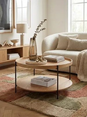 Produktbild von Couchtisch 78x78x40 cm Sofatisch Holz / Metall Wohnzimmertisch Eiche, Design Stubentisch Modern Rund mit Ablage, Holztisch Kaffeetisch, Tisch Wohnzimmer