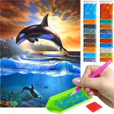 Produktbild von ARTULIO - Diamond Painting Set - Orka über dem Ozean bei Sonnenuntergang - 40 x 30 cm - Crystal Art, Komplettset Mosaik + Zubehör