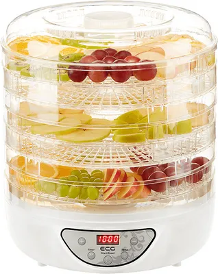 A food dehydrator filled with various sliced fruits, displayed on a white background.