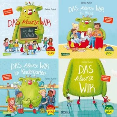 A collage of four book covers featuring a green monster character and children in different settings.