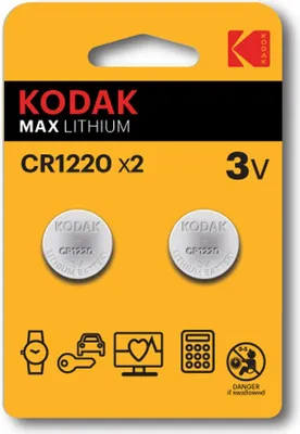 A package of Kodak Max Lithium CR1220 3V button cell batteries.