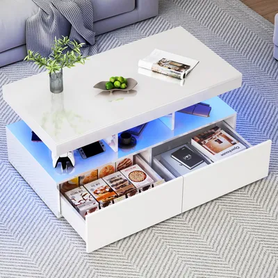 Produktbild von UnboxG Hochglanz-Couchtisch Beistelltisch mit LED-Beleuchtung und 2 Schubladen,104x53x46 cm – Beistelltisch mit Stauraum, Schublade, Wohnzimmertisch, Weiß