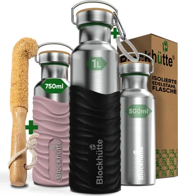 Produktbild von Blockhütte Edelstahl Trinkflasche 750ml I Wasserflasche Kohlensäure geeignet I Auslaufsicher, BPA-Frei Metall Thermosflasche mit Silikonmantel I