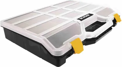 A black and transparent storage box with yellow latches and a white handle, shown from a diagonal angle.