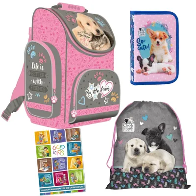 Produktbild von Goldkids - Schulranzen für Jungen und Mädchen, 4er-Set - Schul-Rucksack für Kinder mit Federmäppchen - Schuhbeutel und Hausaufgabenheft