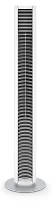 A white tower fan with a gray base, isolated on a white background.