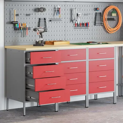 Produktbild von vidaXL Werkbank mit Schubladen 3 Stk. Rot und Grau 150 x 55 x 85 cm
