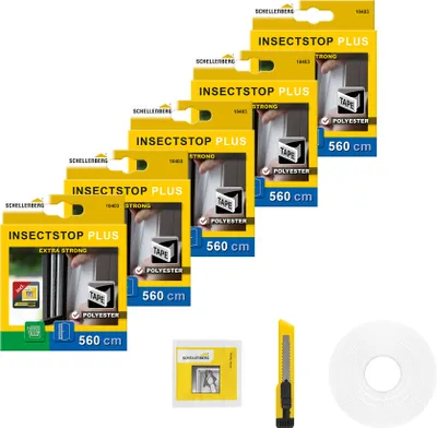 Produktbild von Schellenberg 5er Pack 10403 Befestigungsband-Set für Fliegengitter aus Polyester, Klettband selbstklebend transparent, Bandlänge 5,6 m