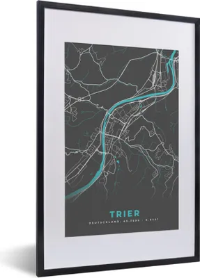 Produktbild von MuchoWow® Gerahmtes Poster Stadtplan - Deutschland - Blau - Trier - Karte 40x60 cm - Poster mit Schwarzem Bilderrahmen Wandposter Rahmen Foto Bilder - Poster in Rahmen