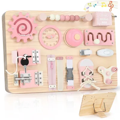 Produktbild von Groß Montessori Busy Board Motorikbrett Sensorik Board Motorikboard Montessori Spielzeug Brett Activity Board Holzspielzeug Motorikspielzeug Rosa