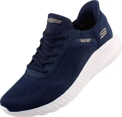 A single navy blue Skechers sneaker with a white sole is shown against a white background.