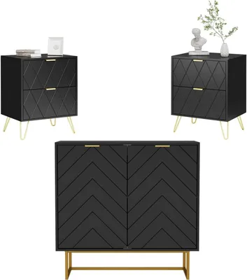 Imagen del producto de Conjunto de muebles de dormitorio de 3 piezas: armario, mesitas de noche, aparador, mesas auxiliares. Diseño escandinavo