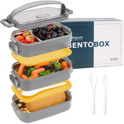 Image de Boîte repas en acier inoxydable, 1700 ml, grise, type bento, étanche, avec compartiments et couverts